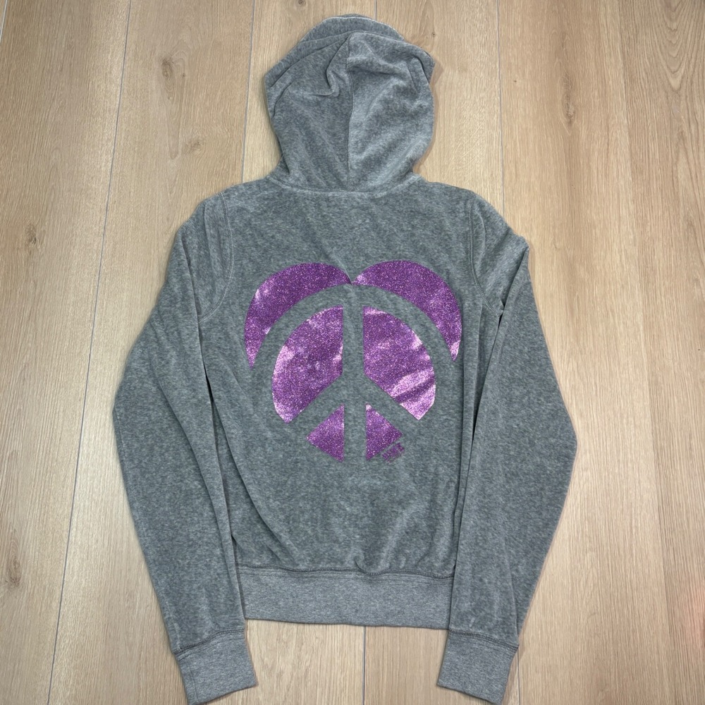 Y2K Victoria's Secret PINK Gray Velour Full Zip Hoodie Purple Glitter Peace Sign